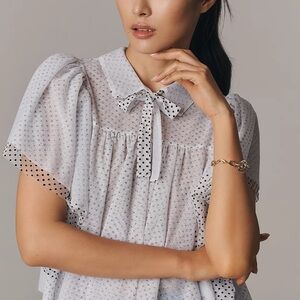 Maeve Short-Sleeve Bow Collared Sheer Swing Blouse